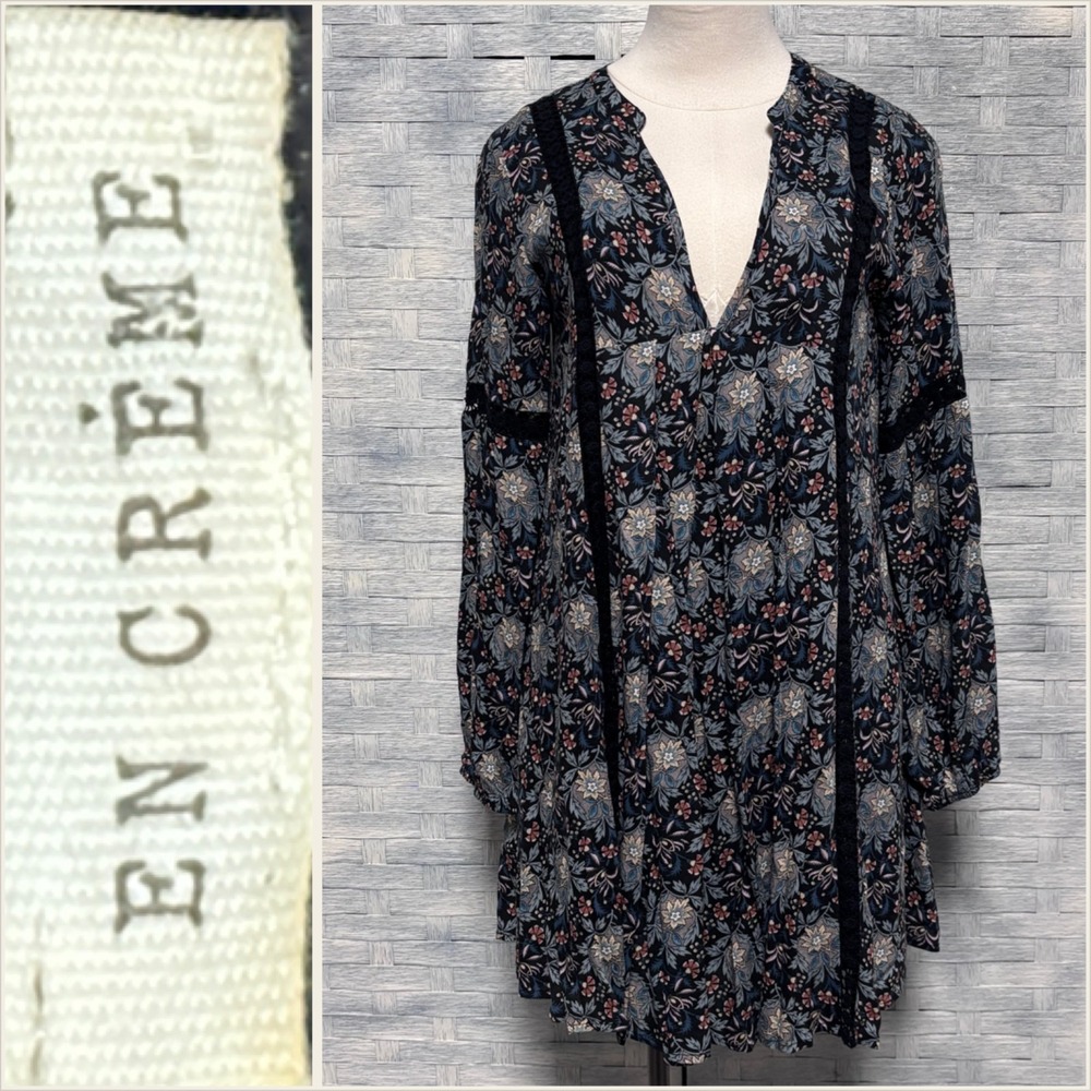 En Creme Floral Mini Dress Womens‎ Small Black Boho Lace V-Neck Excellent
